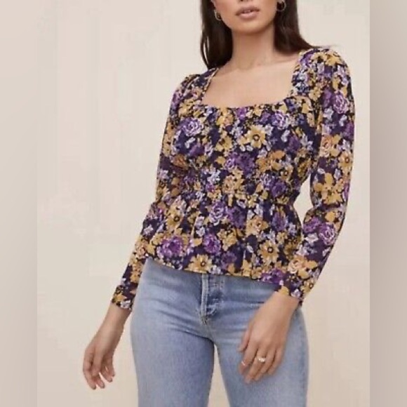 ASTR the Label Floral Flowers Elastic Cinch Waist Top Square Neck Boho Peasant M - Picture 1 of 10